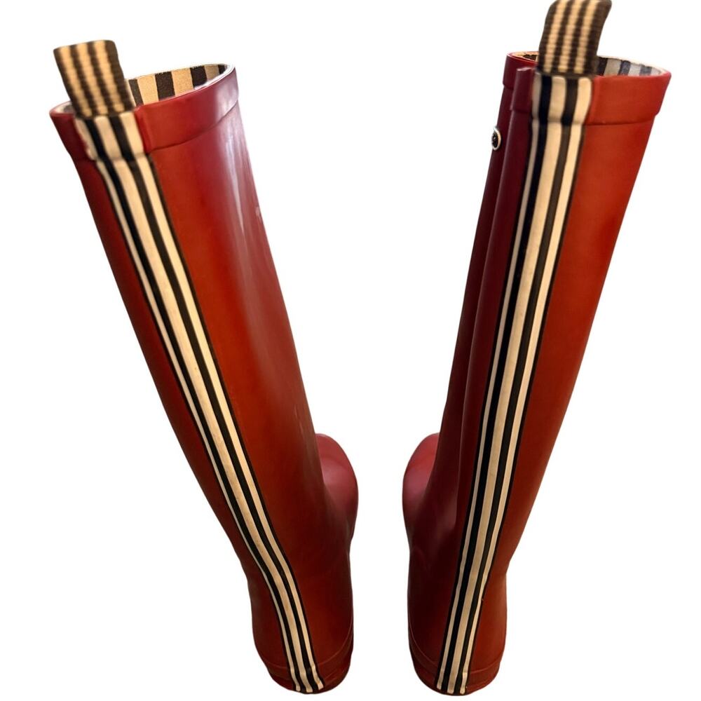 HENRI BENDEL Red Rubber Signature Stripe Interior Rain Boots Weliies 10 garden - Picture 3 of 6